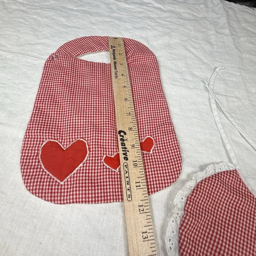 Vintage Handmade Red Gingham Baby Bib Lot Hearts Eyelet Lace Snap Tie Primitive